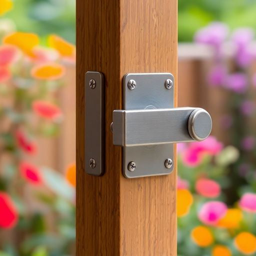 Close-up of a patio door latch on a wooden door.