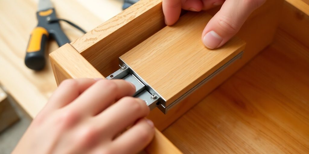Hands removing ball bearing drawer slide from cabinet.