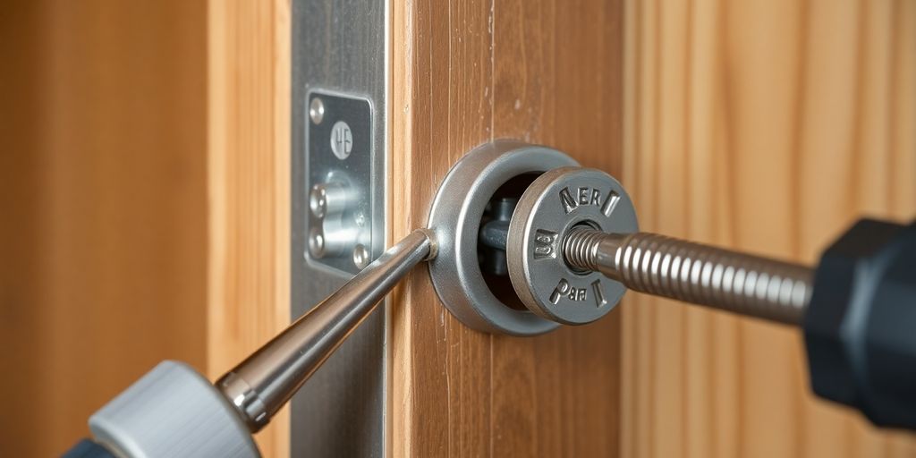 Close-up of a door latch adjustment process.