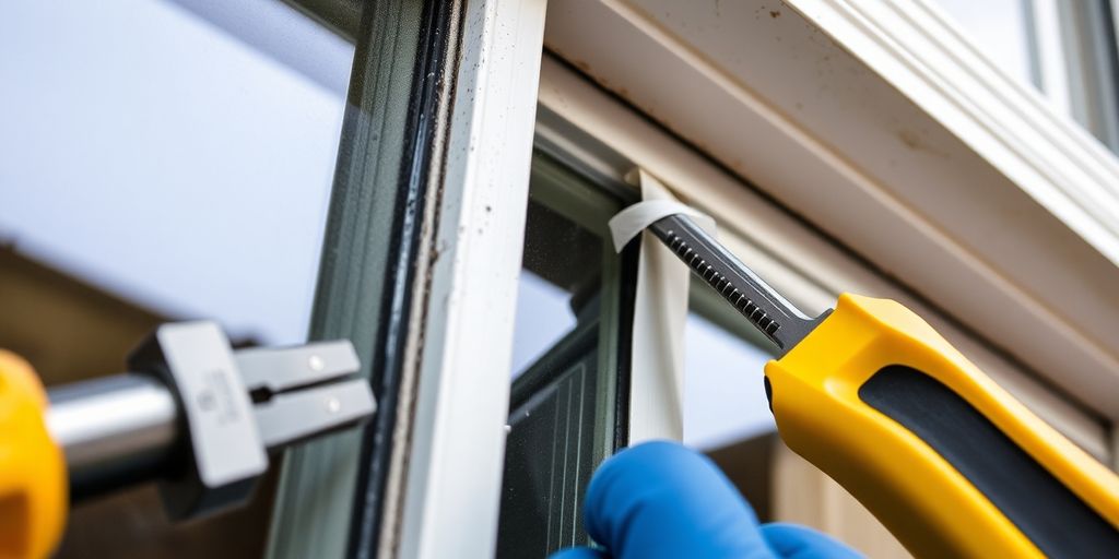 Installation of weather stripping on a window frame.