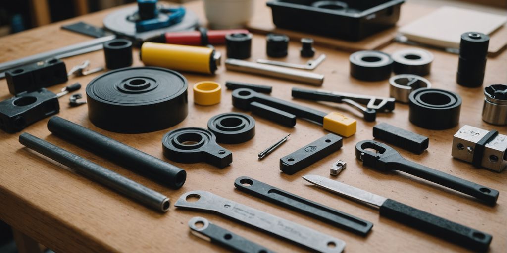 Tools and materials for weatherstripping doors on a workbench.