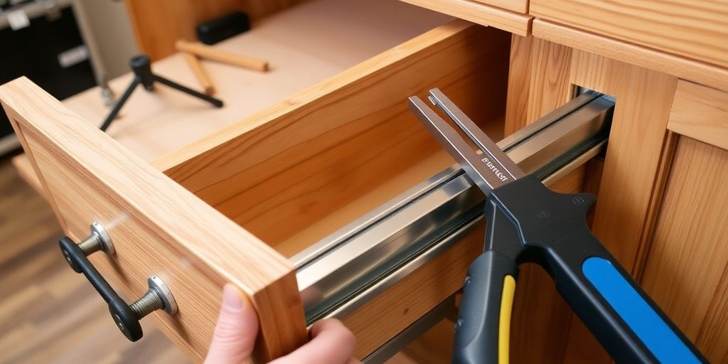 Modern drawer slides installation in old wooden cabinets.