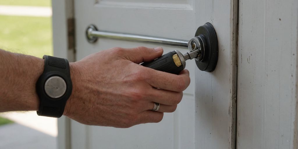 Hand using screwdriver on sliding door handle.