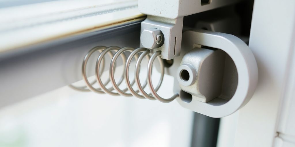 Close-up of a window spring mechanism for repair.