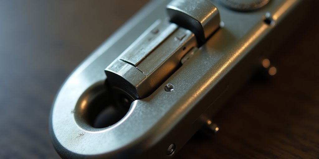 Close-up of a thumb lock mechanism.