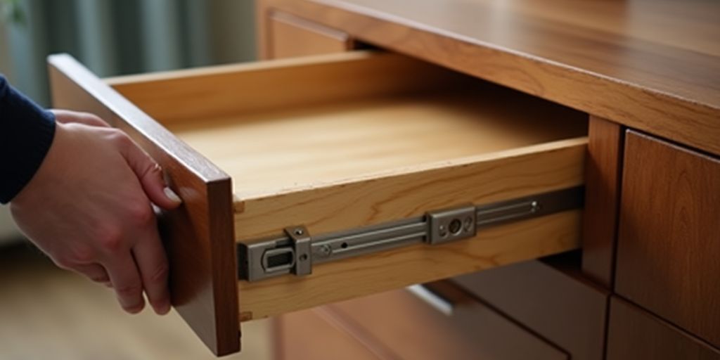 Person removing a drawer with a middle slide.