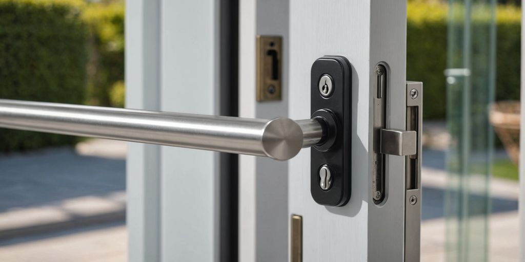 Modern sliding glass door lock close-up