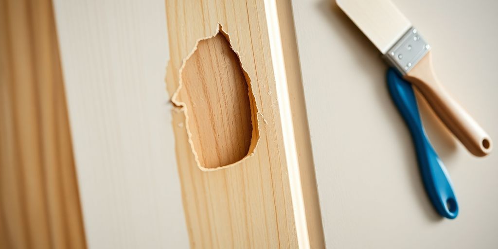 Repaired door hole with tools on a clean surface.