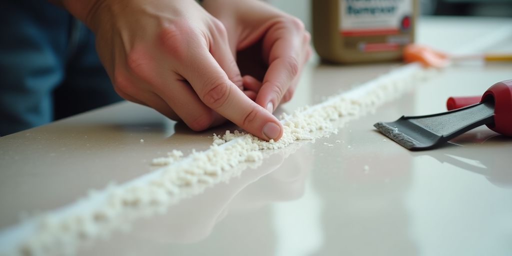 Hands removing weatherstrip adhesive from a surface.