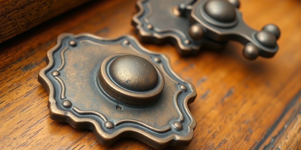 Close-up of antique bail pulls on vintage furniture.