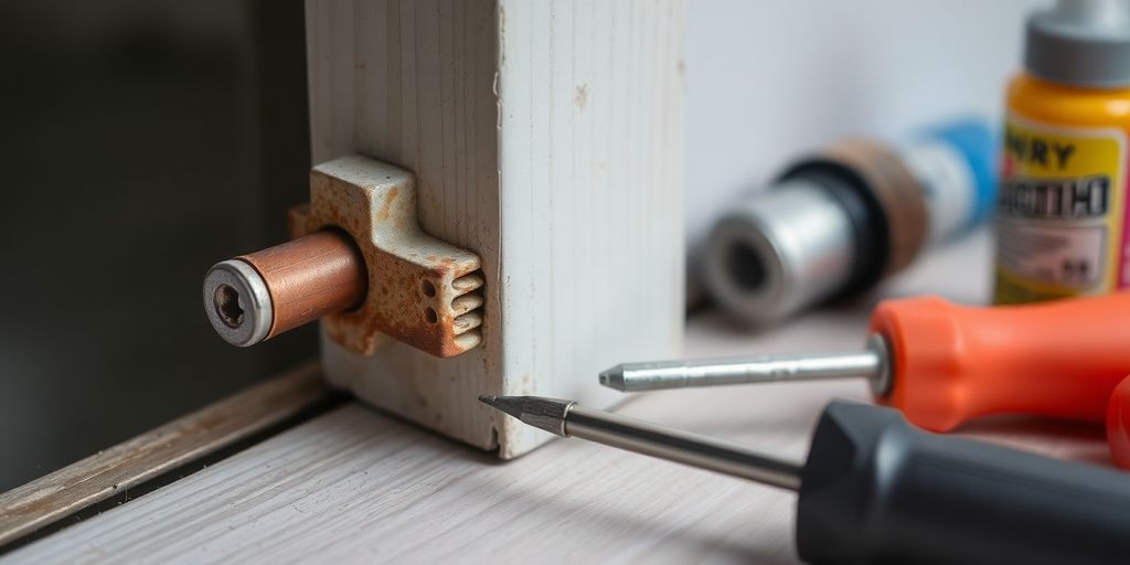 Close-up of a stuck door latch and repair tools.