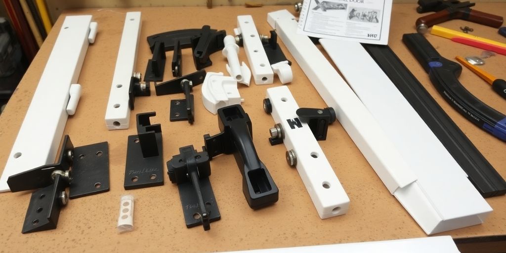 Photograph of Andersen storm door parts on a workbench.