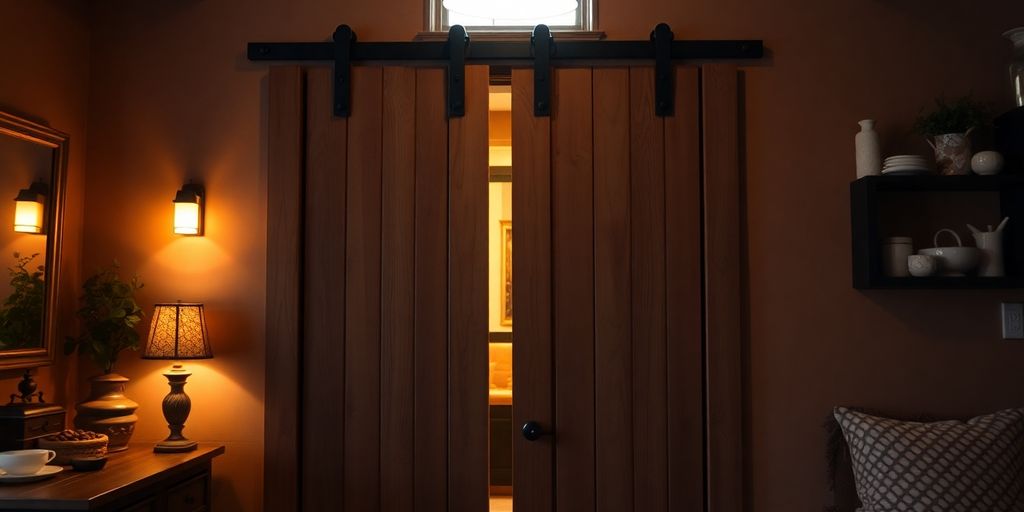 Close-up of a barn door with a gap.