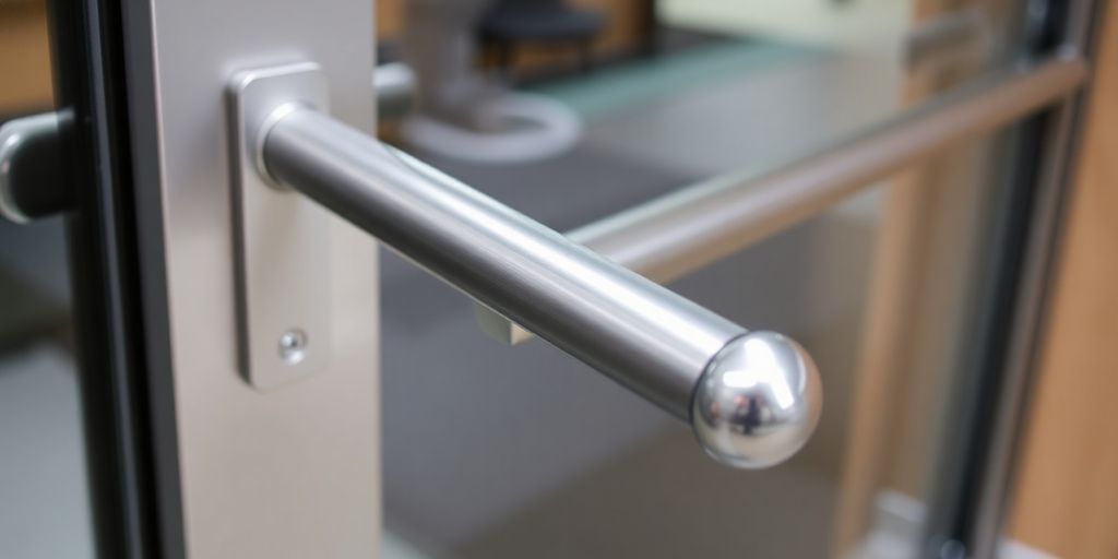 Modern push bar on a commercial door for accessibility.