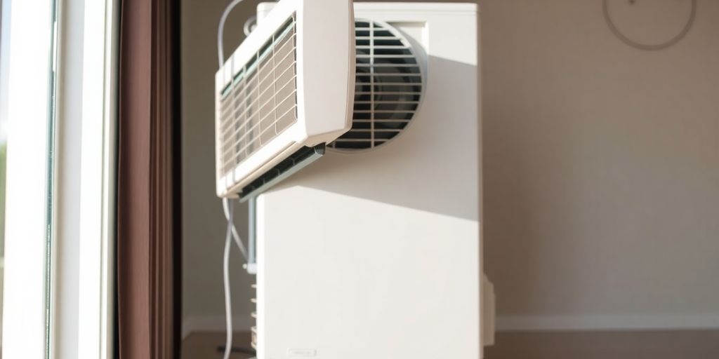 Tilted air conditioner in a stylish room interior.