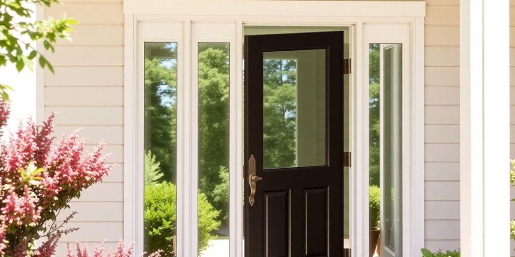 Modern storm door with glass panels and greenery outside.