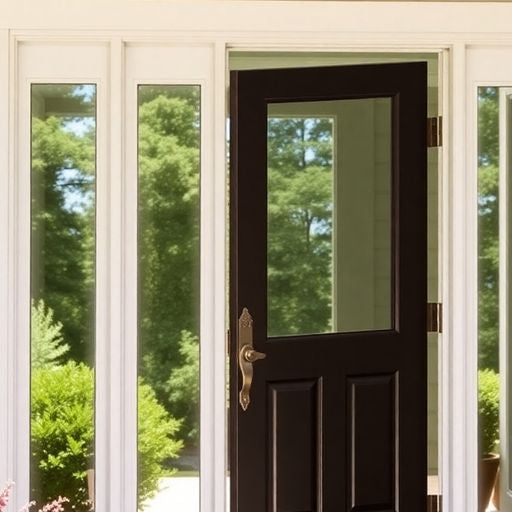 Modern storm door with glass panels and greenery outside.
