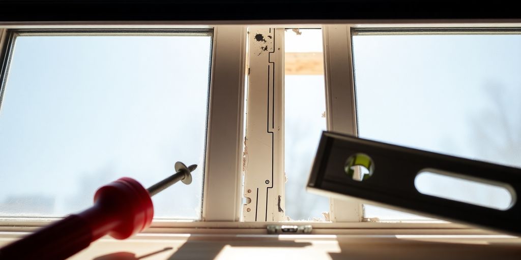 Partially closed window with tools for repair nearby.
