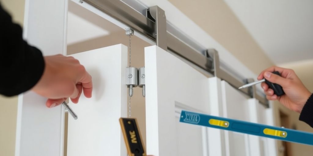 Bifold door with tools for repair and adjustment.