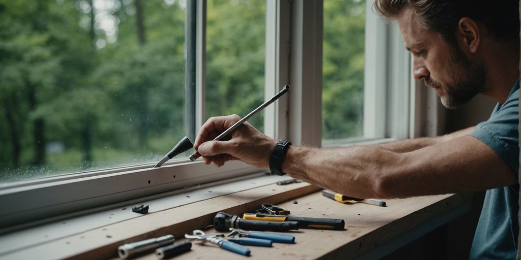 Person replacing window seal with tools and materials