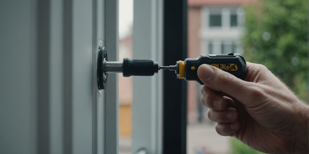Installing window latch with screwdriver close-up