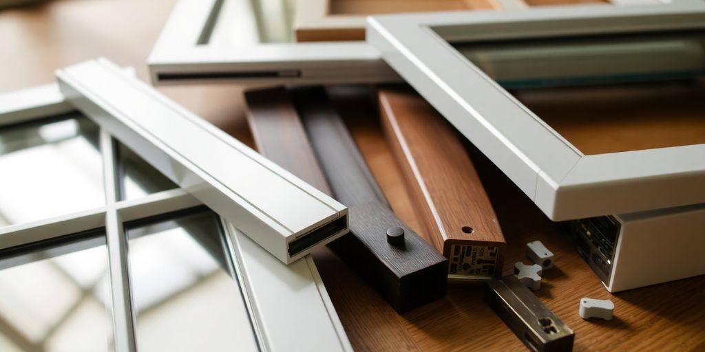 Close-up of Andersen window parts on a wooden surface.