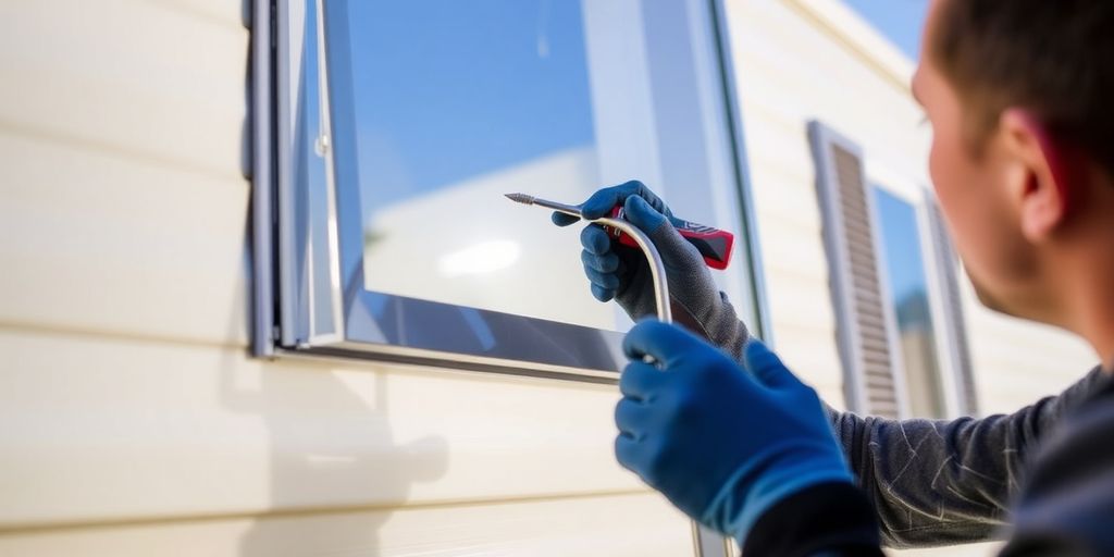 Person removing a window from a mobile home.