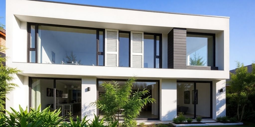 Modern home featuring stylish jalousie windows with greenery.