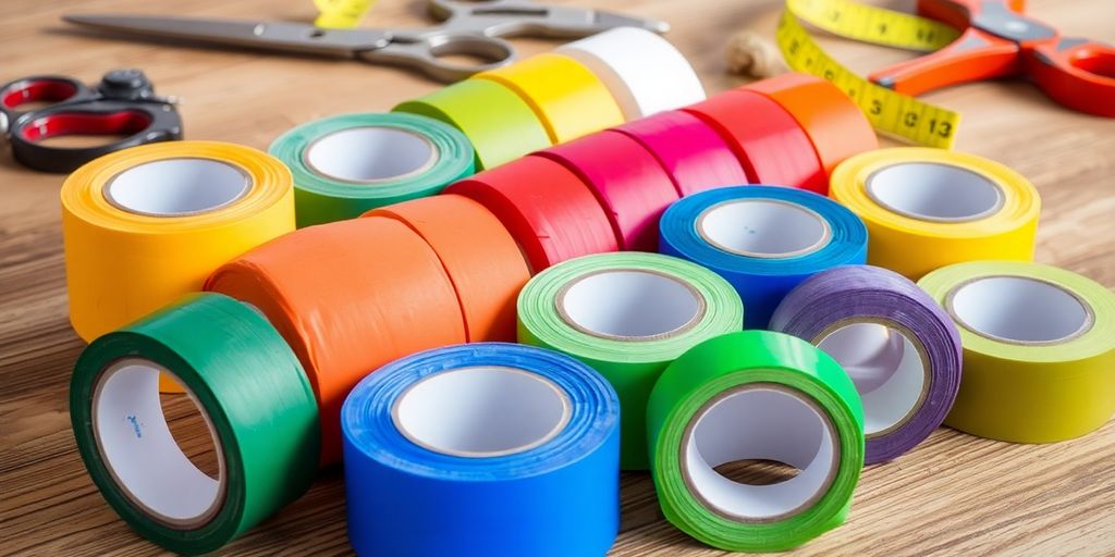 Colorful rolls of butyl tape on a wooden surface.