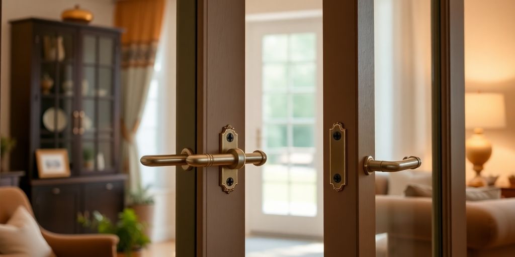 Interior view of elegant locked French doors.
