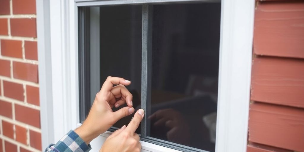 Hands removing a screen from a vinyl window.
