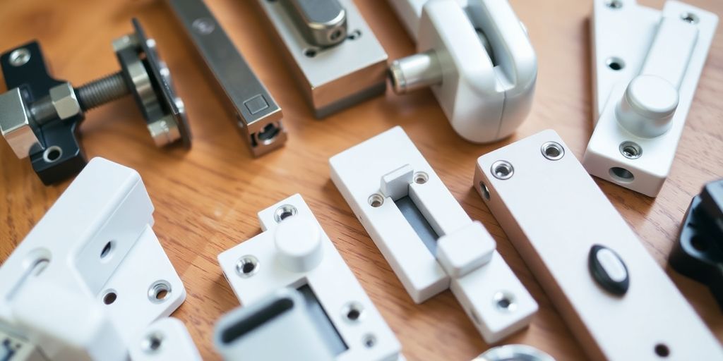 Different window locks for home security on a wooden surface.