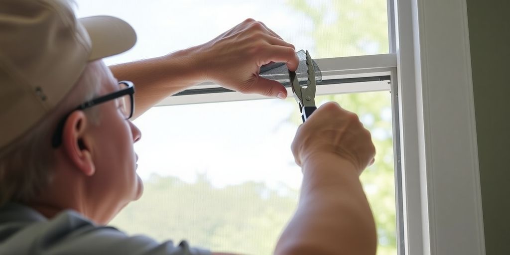 Homeowner rescreening a window with tools in hand.