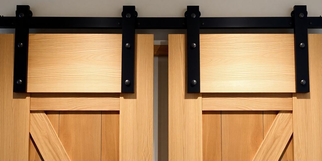 Close-up of seamless barn doors with rustic wood finish.