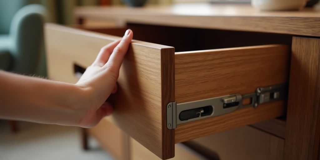 Hand pulling out a wooden drawer with bottom slides.