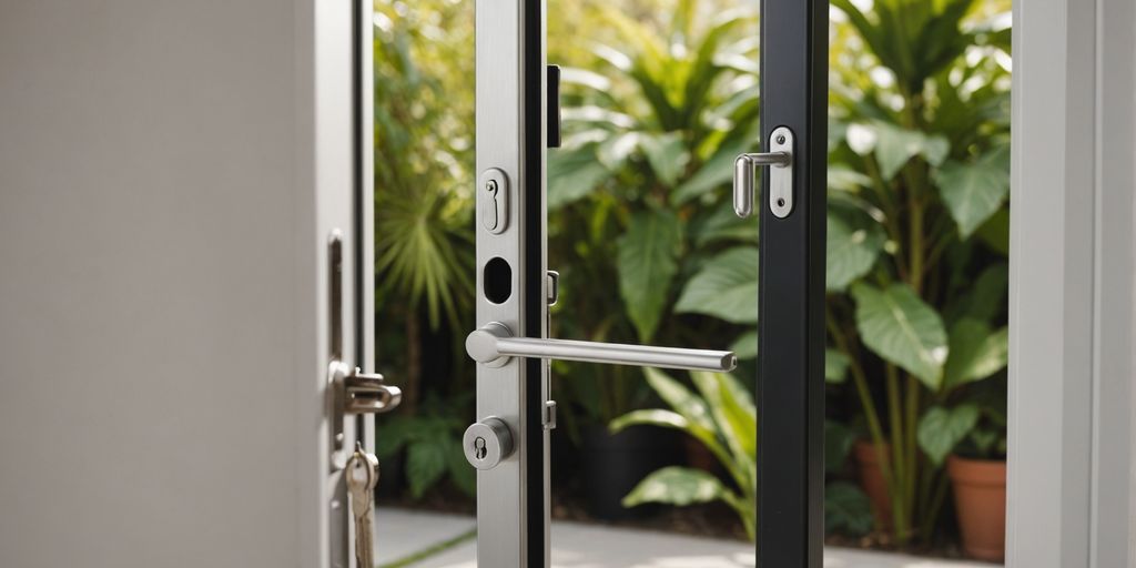 Modern patio door lock with key inserted
