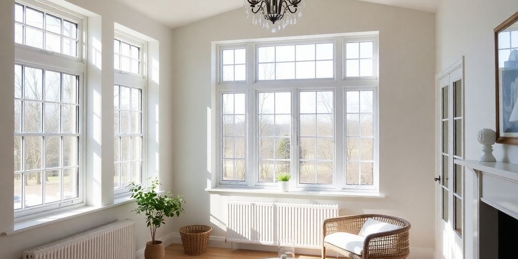 Interior view of a room with modern hopper windows.
