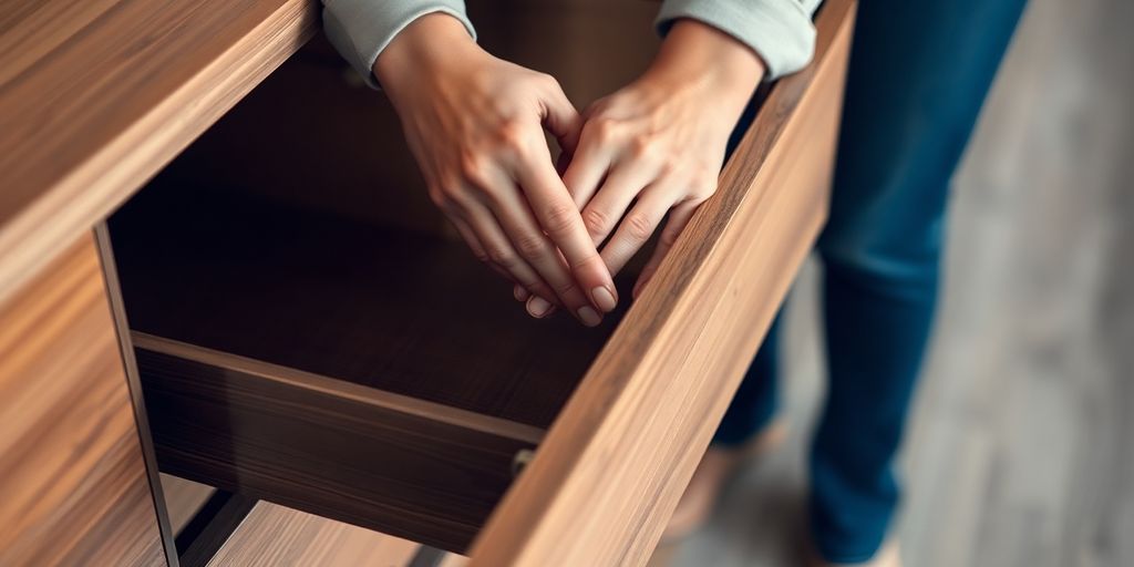 Person removing a wooden drawer effortlessly with hands.