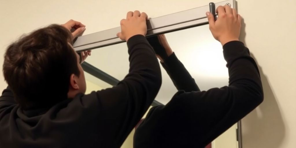 Person hanging a heavy mirror on a wall securely.