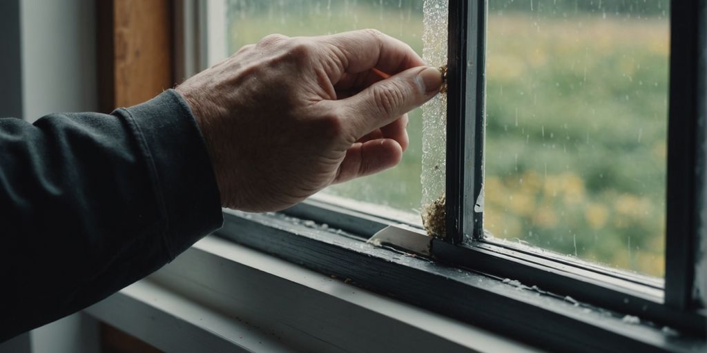 Person installing weather stripping on a window for energy efficiency.
