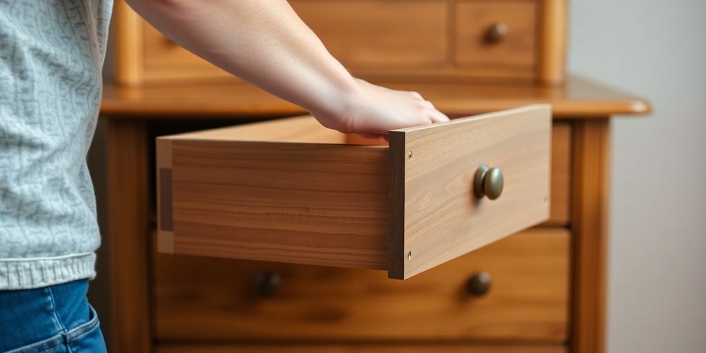 Person removing a drawer from a wooden dresser.