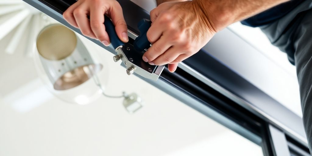 Technician fixing a sliding glass door track.
