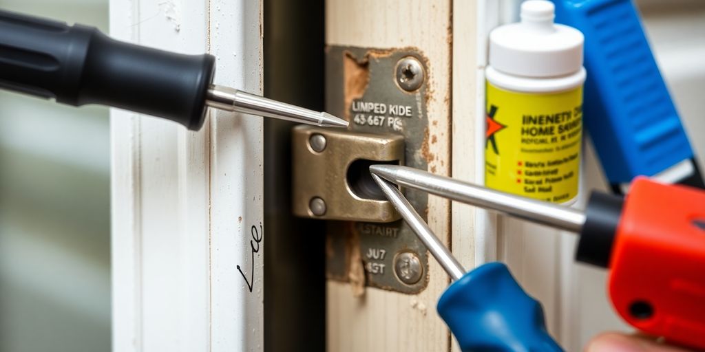 Close-up of mobile home door hinge repair tools.