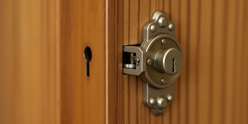 Close-up of a mortise lock on a wooden door.