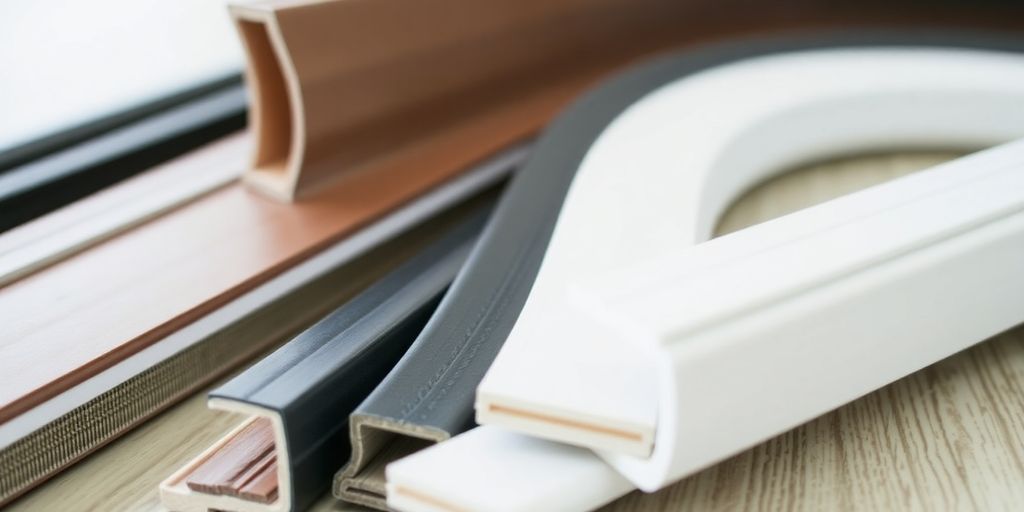 Various door seal strips for energy efficiency comparison.