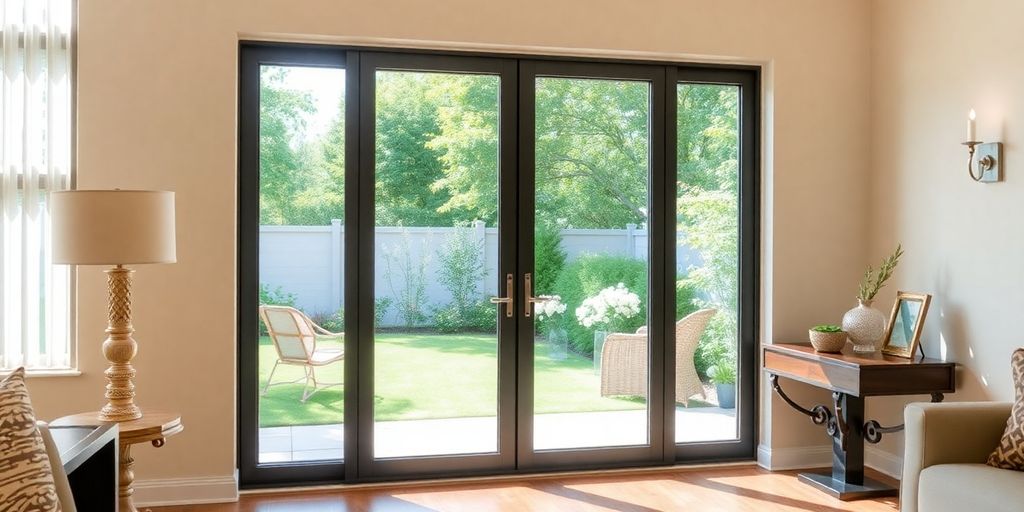 Stylish sliding patio door with outdoor garden view.
