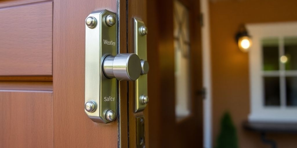 Close-up of a bolt lock on a door.