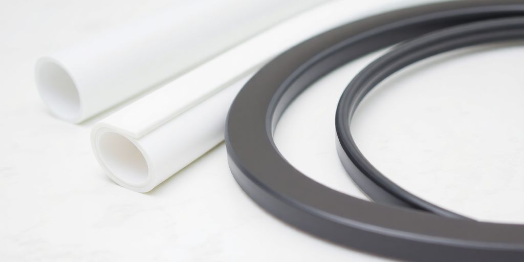 Variety of shower door gaskets on a plain background.
