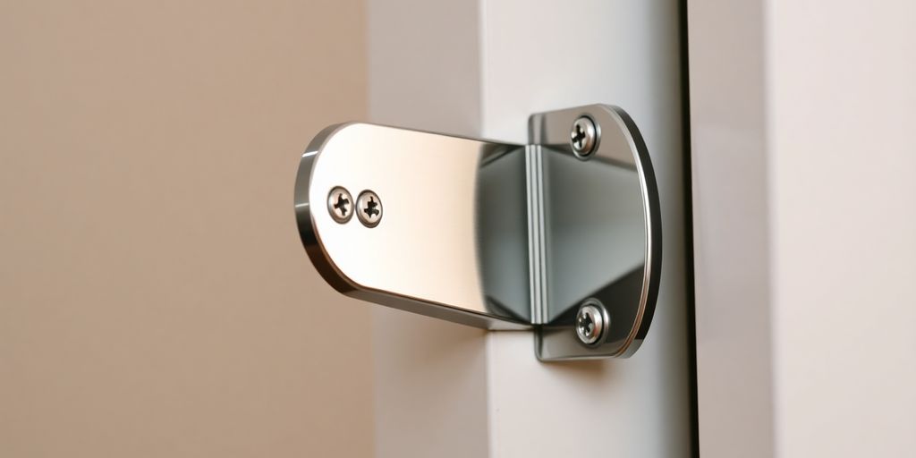 Close-up of an adjustable strike plate on a door.