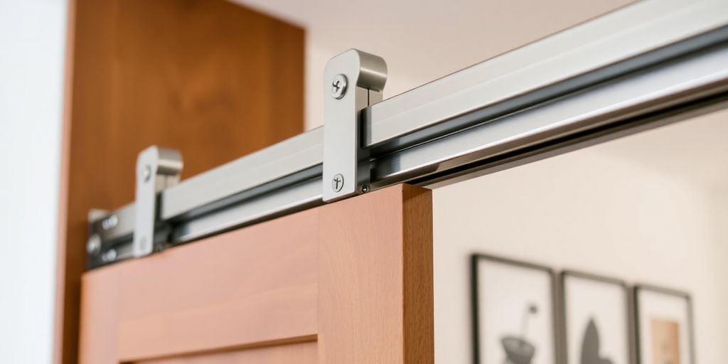 Pocket door track and rollers in a contemporary home setting.